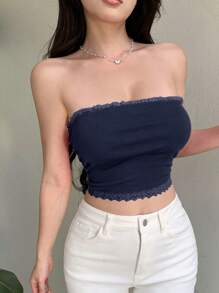 DAZY Ladies' Solid Color Casual Lace Splice Summer Tube Top,Crop Tops Women - Navy Blue - View 5