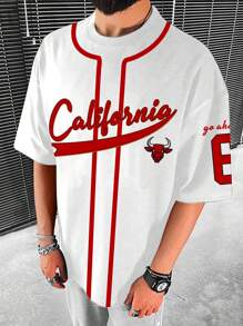 Manfinity Homme 男士夏季字母图案印花牛头设计圆领短袖休闲 T 恤、街头服饰、男友礼物 - 白色 - 查看 4