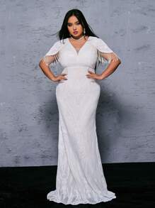 seomiscky Plus Size Women's Fashionable V-Neck Beaded Bodycon Evening Dress - White - View 1