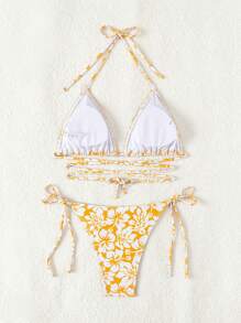 SHEIN Swim 女士节日花卉印花露背性感比基尼套装，比基尼套装分体。（随机印花），夏季海滩 - 黃色 - 查看 2