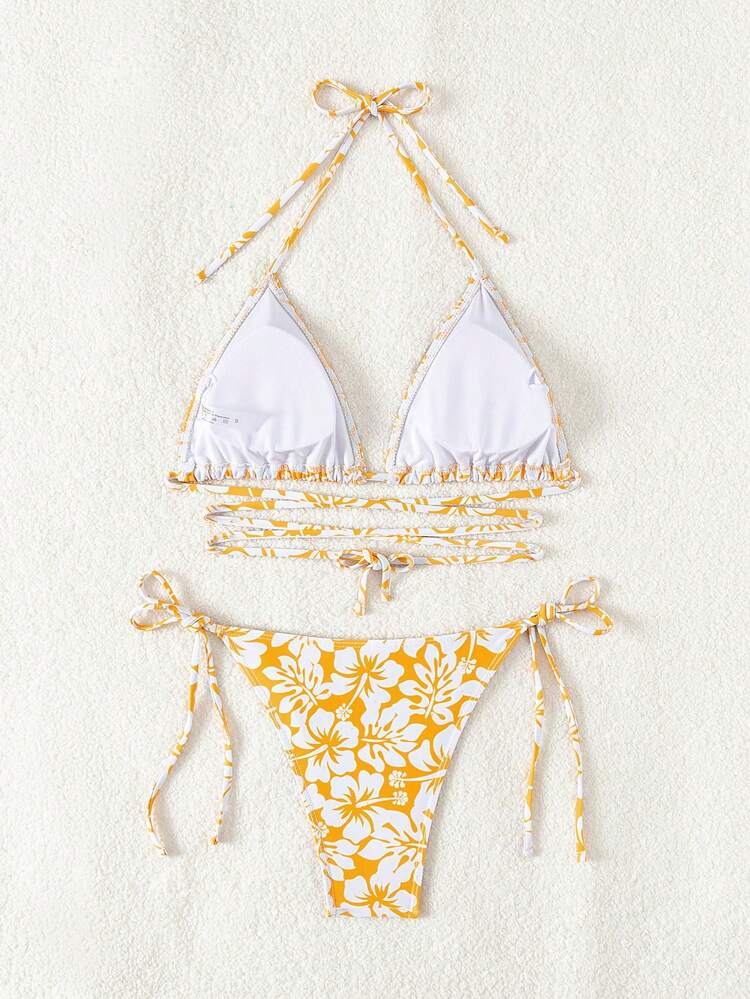 Women's Holiday Floral Print Halter Neck Tie Sexy Bikini Set, Bikini Set Separates. (Random Print),Summer Beach