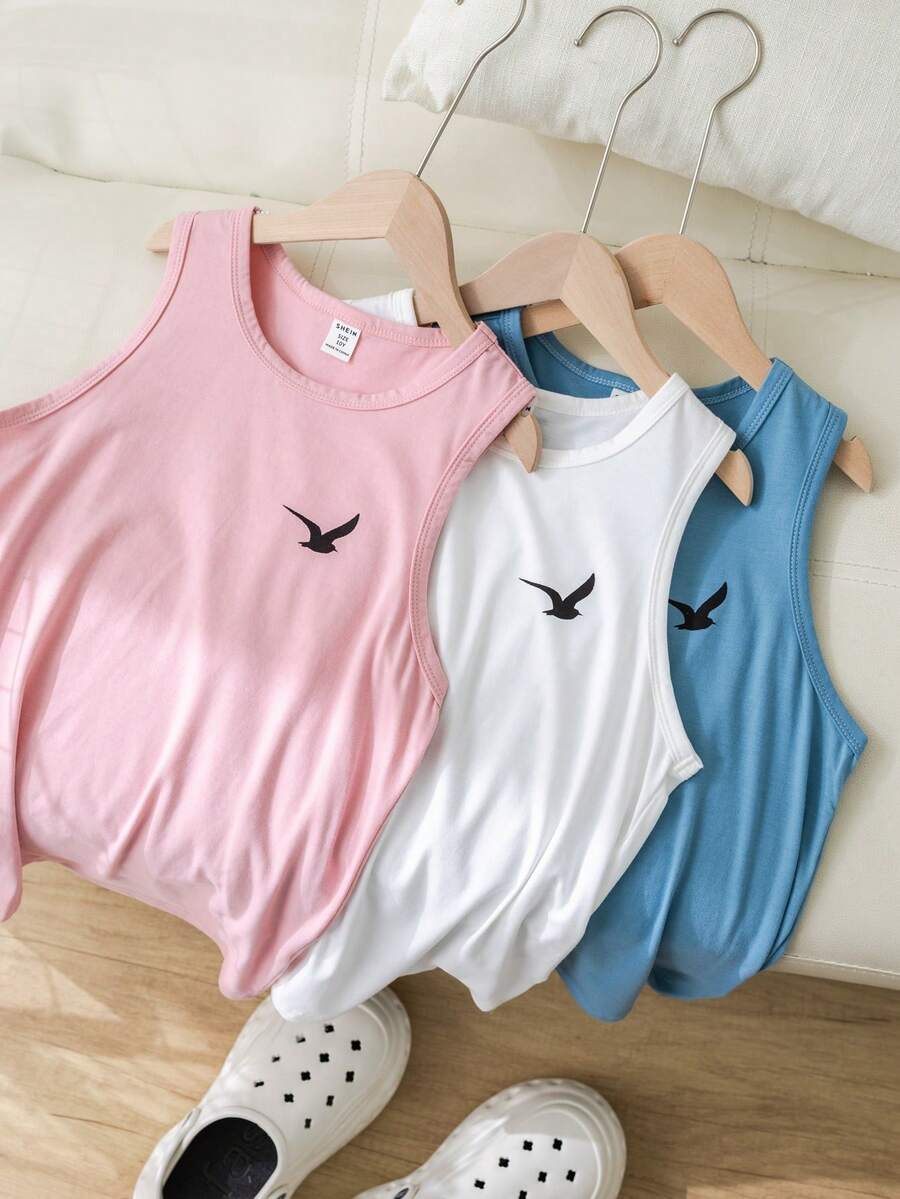 SHEIN Tween Boys' 3pcs/Set Loose Fit Summer Casual Round Neck Seagull Print Tank Top - Multicolor - View 1