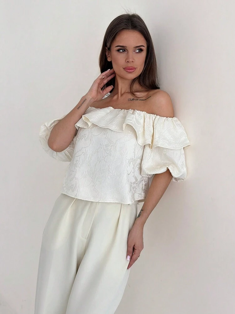 Romantic Date Off Shoulder Texture Fabric Puff Sleeve Cropped Loose Women's Shirt
