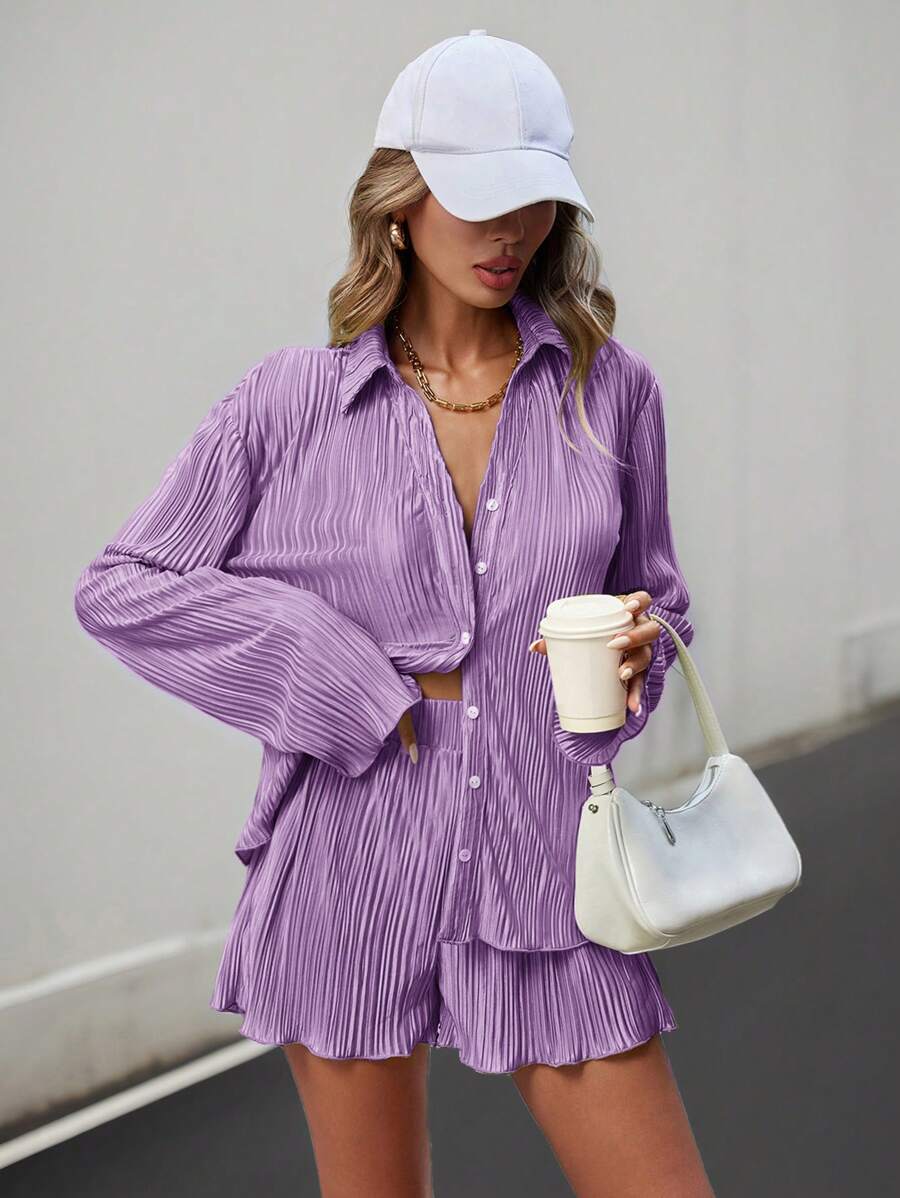 SHEIN Essnce Women's Fashion Solid Color Long Sleeve Shirt Shorts Two-Piece Set - Mauve Purple - View 1