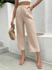 SHEIN Essnce Calças Longas de Lã Xadrez de Cintura Alta para Mulheres - Damasco - Ver 1