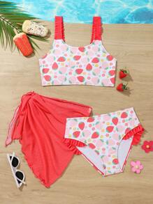 Tween Girl Cute Strawberry Print Bikini Set - Multicolor - View 1
