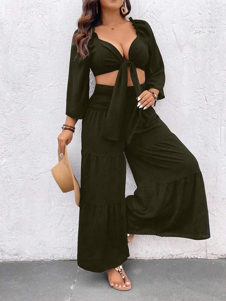 Plus Size Women's Sweetheart Neck Solid Color Cropped Top And Wide-Leg Pants Loose 2pcs Set For Spring/Summer