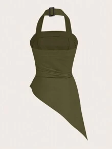Chiquease 女士夏季純色不對稱搖擺式露背無袖上衣 - 軍綠色 - 查看 2