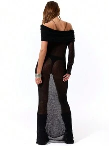MUSERA 单肩透视针织长连衣裙 - 黑色 - 查看 2