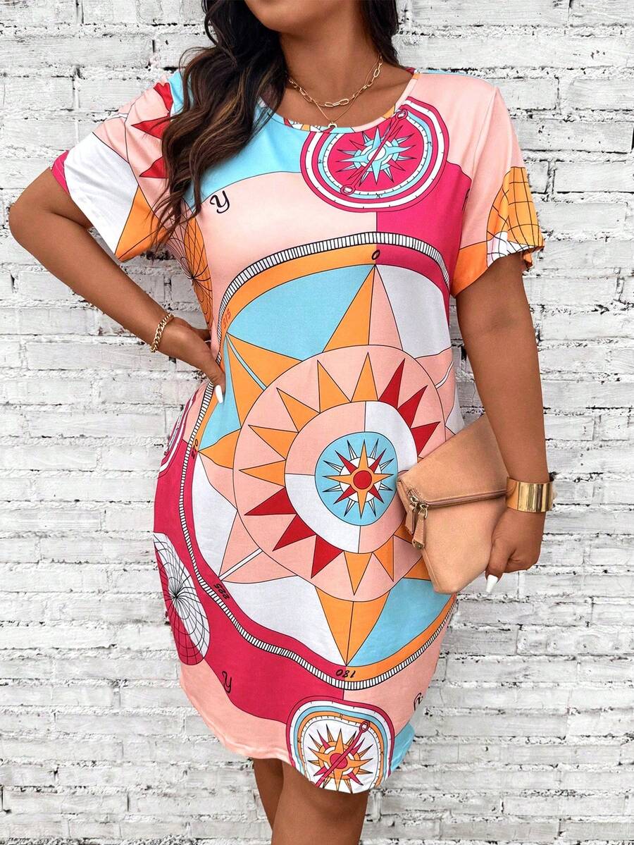 Calvaya 女士加大尺碼時尚圓領幾何印花多功能連衣裙 - 粉色 - 查看 1