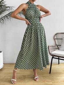 SHEIN LUNE Women's Summer Pleated Polka Dot Printed Criss Cross Halter Dress