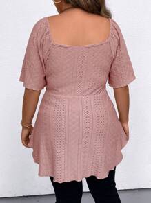 SHEIN Clasi 大碼女士純色瑞格蘭短袖T恤，襯有荷葉邊設計，適合夏季穿著 - 藕粉色 - 查看 3