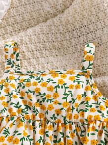 SHEIN Newborn Baby Girl Cute And Sweet Puff Short Sleeve Plain Top + Floral Suspender Skirt Set Suitable For Summer - Yellow - View 13