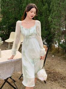 DAZY Đầm dài in hoa cho nữ, cổ vuông, thắt eo, xếp ly, tay loe, dáng dài, trang phục mùa thu, trang phục đi nghỉ mát, đầm maxi cho nữ. - màu xanh lá - Xem 6