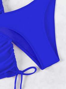 SHEIN Swim Women's Solid Color Halter Strap Sexy Bikini Set, Cover Up Skirt, 3pcs,Summer Beach - Royal Blue - View 4