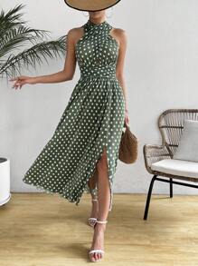 SHEIN LUNE Women's Summer Pleated Polka Dot Printed Criss Cross Halter Dress