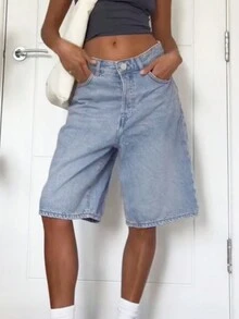 Quần short denim Bermuda dáng rộng thoải mái hàng ngày mùa hè, màu xanh nhạt - Rửa nhẹ - Xem 4