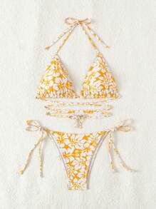SHEIN Swim 女士节日花卉印花露背性感比基尼套装，比基尼套装分体。（随机印花），夏季海滩 - 黃色 - 查看 4
