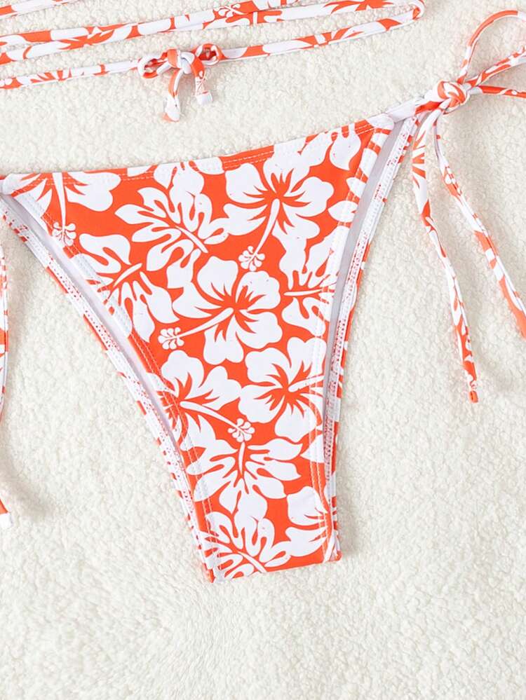 Women's Floral Print Halter Neck Tie Sexy Bikini Set For Vacation, Random Print,Summer Beach