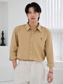 DAZY Men's Simple Embroidered Shirt For Daily Wear, Spring Autumn Long Sleeve Men Shirt Business Attire