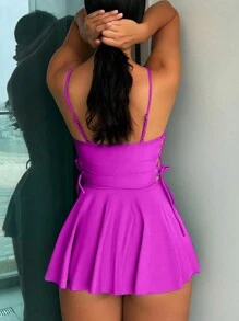 SHEIN Swim Ladies Simple Solid Color Swim Dress Set ,Summer Beach - Purple - View 2