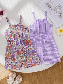 2 pièces ensemble de combishort décontracté pour bébé filles pour le printemps/été, adapté pour la maison et l'extérieur - Multicolore - Voir 1