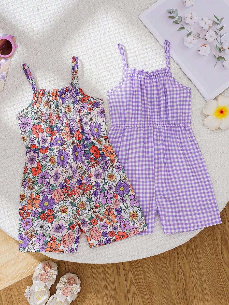 2 pièces ensemble de combishort décontracté pour bébé filles pour le printemps/été, adapté pour la maison et l'extérieur - Multicolore - Voir 1