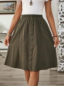 EMERY ROSE Linen Summer Women's Solid Color Simple Daily Button Decorated Skirt - Army Green - View 4