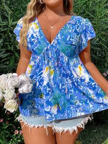 SHEIN SunnyBelle Plus Size V-Neck Floral Printed Shirt With Ruffled Hem For Casual Summer Outfits - Blue - View 5