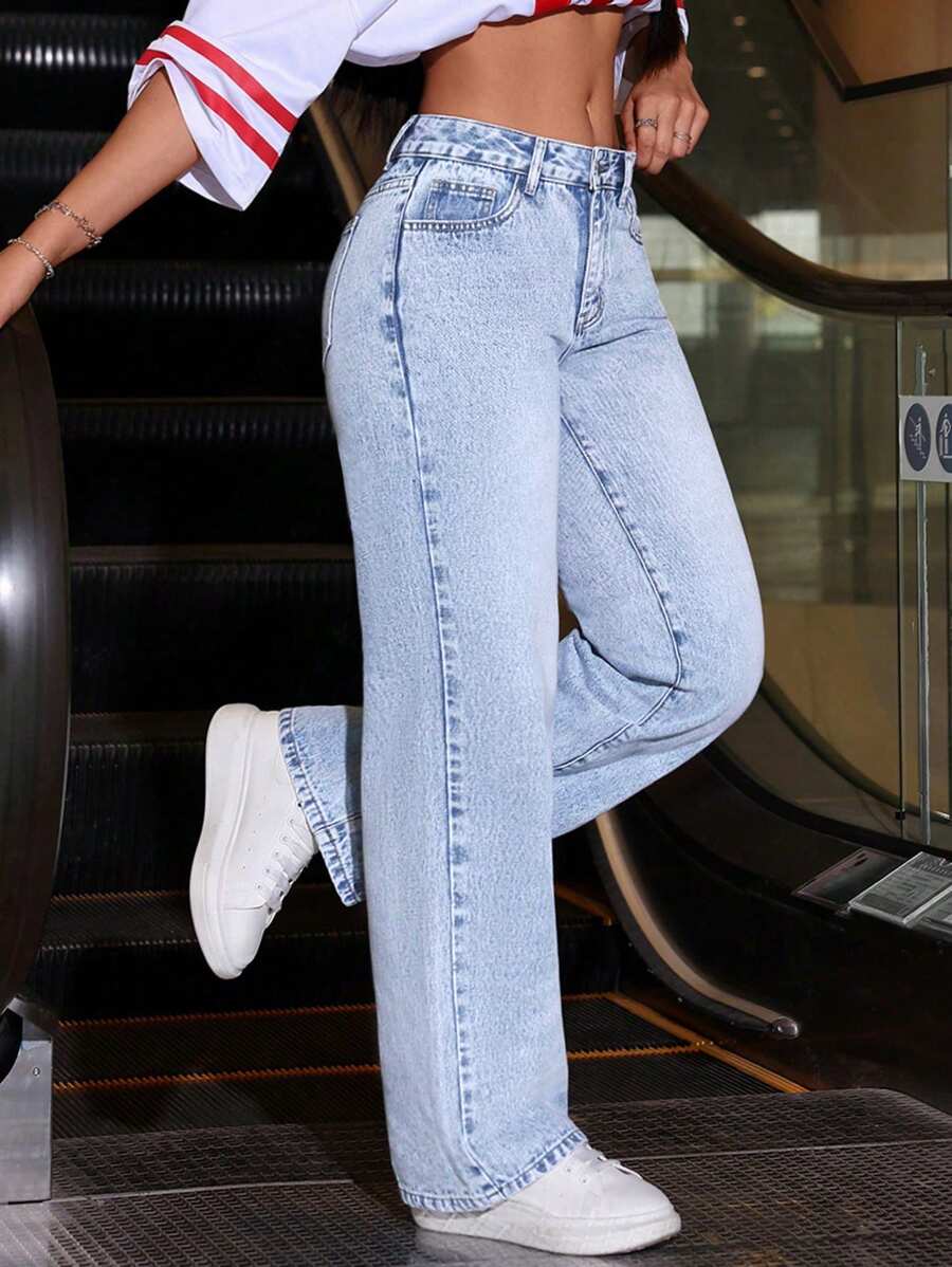 SHEIN ICON Jeans casuales lavados de pierna recta de tiro bajo - Lavado ligero - Ver 1