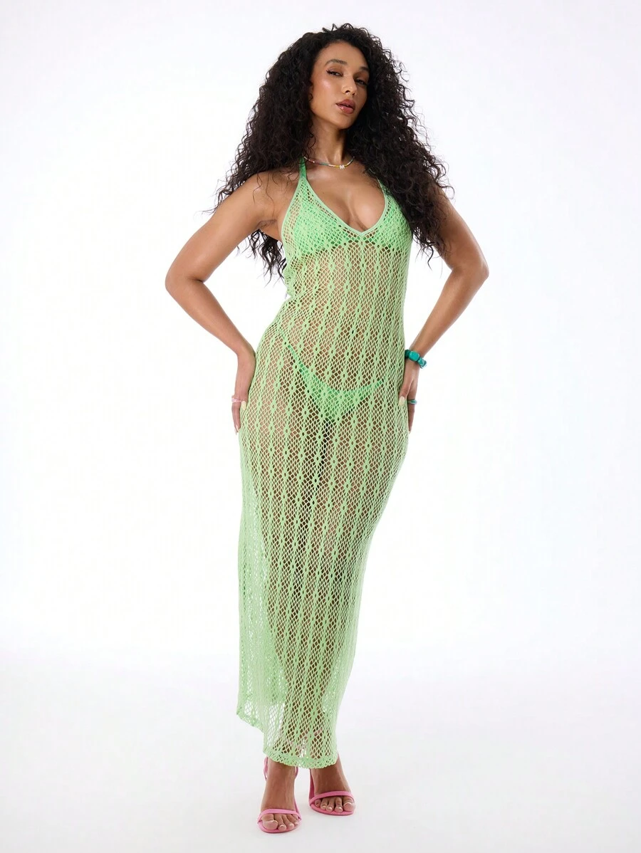 Musera Resort Beach Sheer Crochet Knit Maxi Dress Summer Beach Ibiza Outfits Beachwear Summer Holiday Ibiza OutfitHoliday Spring - Green - View 1