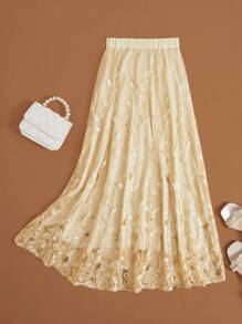 SHEIN Unity Váy Midi Sequin 2 màu sáng bóng thời trang cổ điển mạ vàng cho nữ - Màu be - Xem 3