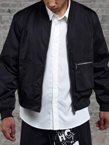 Manfinity Homme Men's Spring Autumn Solid Color Baseball Collar Loose Casual Jacket With Long Sleeves - Black - View 3