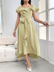 Modelyn Women's Summer Elegant Off Shoulder Knotted Waist Solid Color Splicing Ruffle Hem Dress Long Evening Dresses - Mustard Yellow - View 5