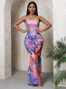 Slaydiva 休闲性感优雅女士无袖修身吊带连衣裙，植物印花，度假完美之选 - 紫色 - 查看 6