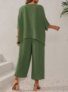 EMERY ROSE Ensemble de chemise à manches chauve-souris pour femmes grandes tailles bleu foncé à encolure ronde et de pantalon large avec poches pour l'été