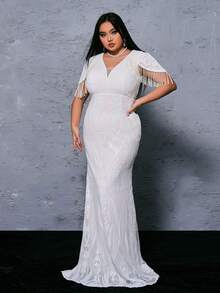 seomiscky Plus Size Women's Fashionable V-Neck Beaded Bodycon Evening Dress - White - View 5