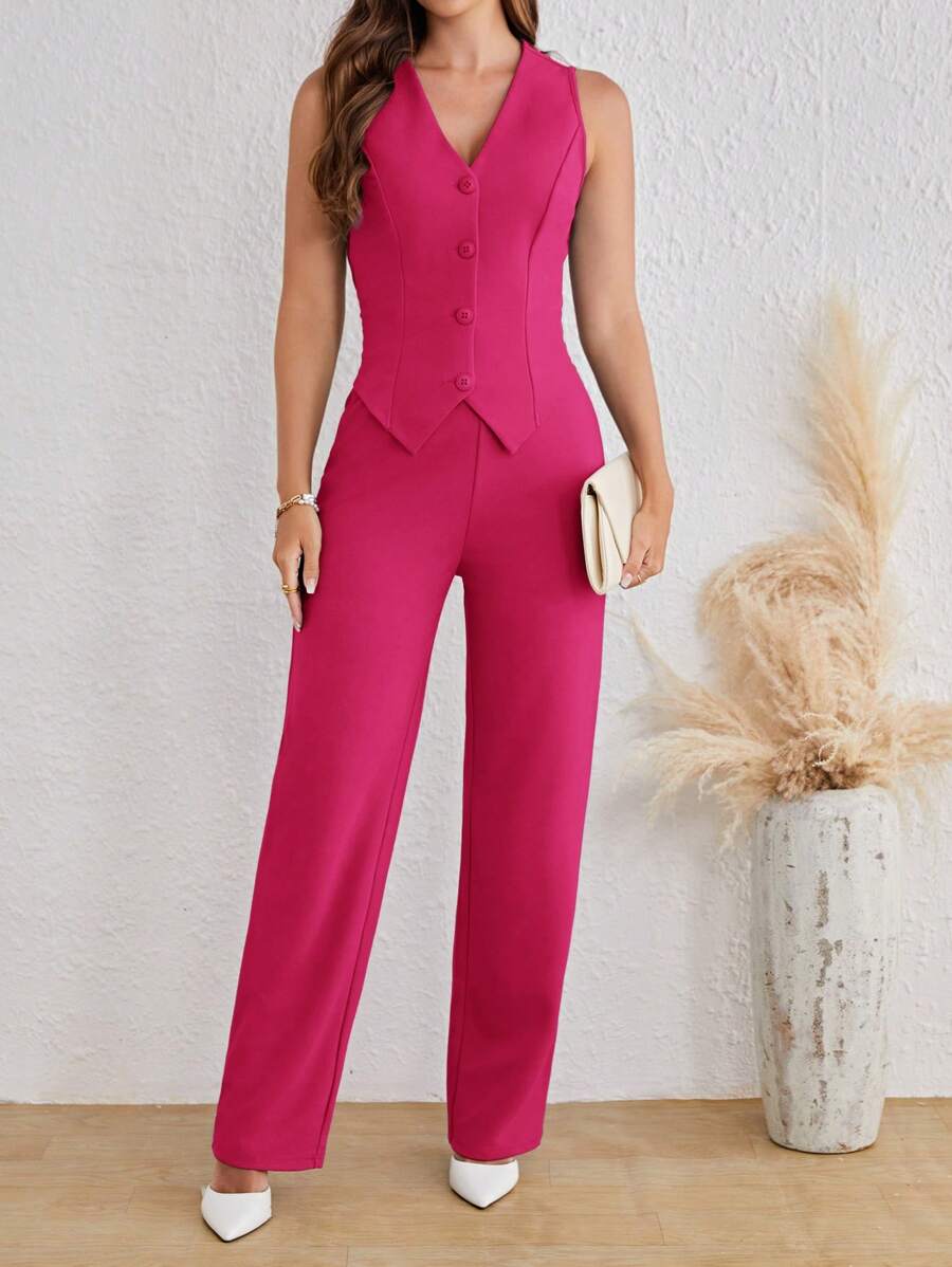 SHEIN Tall Conjunto de traje de verano de ajuste ceñido de unicolor de moda para damas en otoño/invierno - Rosa Fucsia - Ver 1