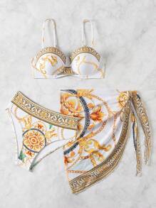 SHEIN Swim 女士夏季沙滩链印花比基尼套装和裹身裙度假三件套比基尼套装女士夏季泳衣套装 - 白色 - 查看 3