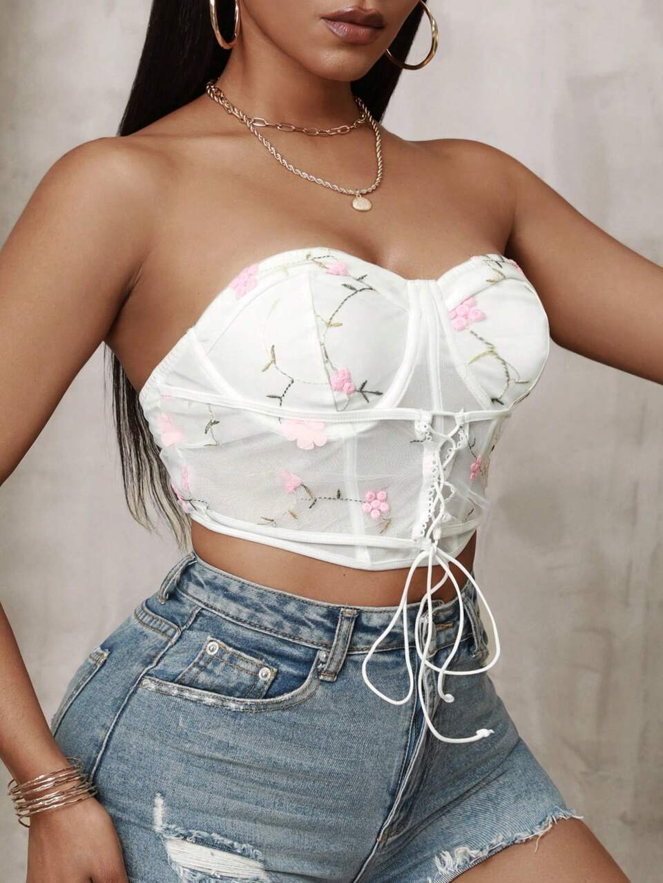 3D Floral Embroidered Bustier Top With Shoulder Straps