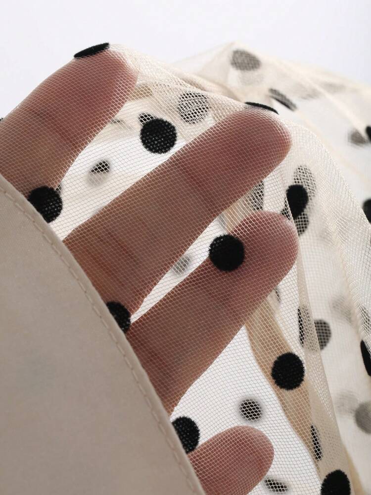 Polka Dot Mesh Contrast Color Short Sleeve Shirt With Peter Pan Collar And Button Front For Women,Ruffle Sheer