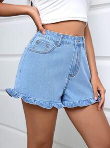 SHEIN Essnce Women's Simple Lace Design Casual Denim Shorts For Summer