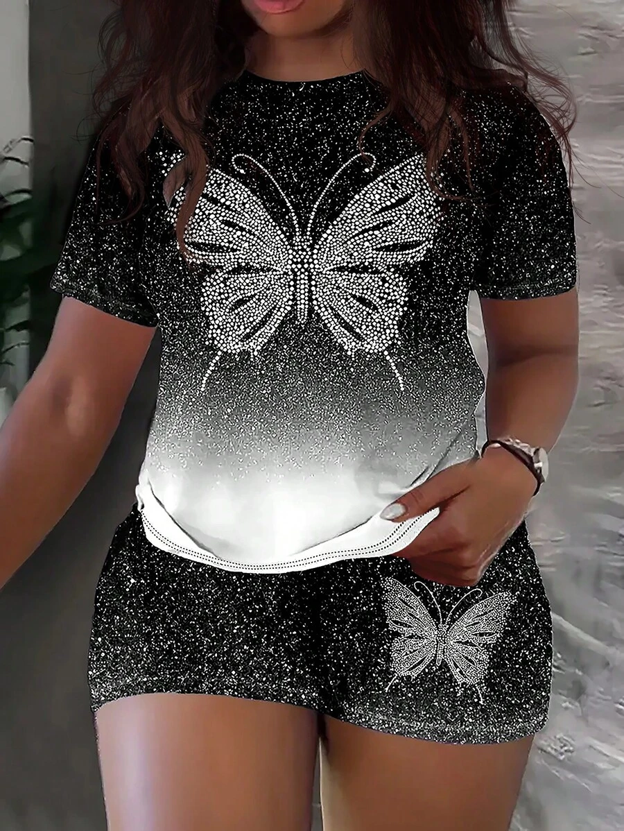 SHEIN Slayr 大尺寸夏季休閒蝴蝶印花漸變閃亮短袖和短褲2件套裝 - 黑與白 - 查看 1