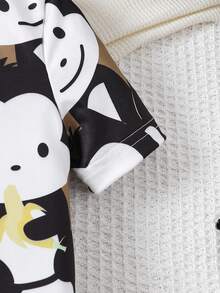 Young Boy Simple Monochrome Monkey Print Short Sleeve And Shorts Snug Fit Pajama Set - White - View 4