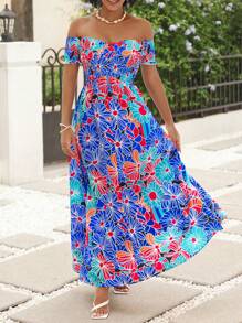 SHEIN Lady Women Fashionable Summer Holiday Style Off Shoulder Printed Dress - Multicolor - View 1