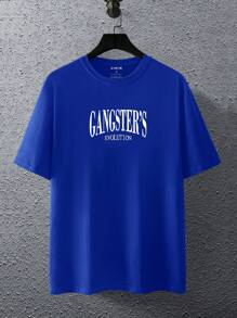 Manfinity Dauomo 男士夏季印花圓領短袖休閒T恤，標語口罩 - 寶藍色 - 查看 2