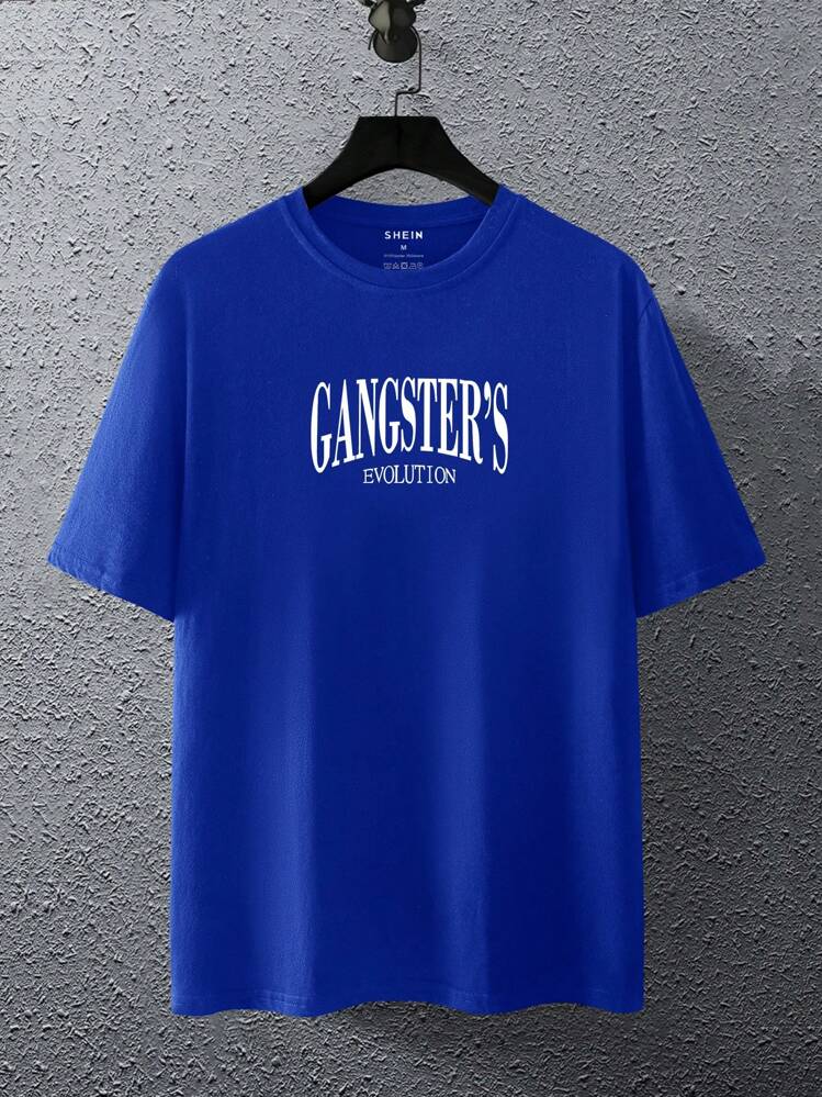 Manfinity Dauomo Men's Summer Character Printed Round Neck Short Sleeve Casual T-Shirt With Slogan Face Mask - Royal Blue - View 2