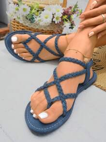 planare 女士时尚休闲度假优雅圆头编织PU露趾舒适日常夏季蓝色平底凉鞋，沙滩装，人字拖 - 藍色 - 查看 4