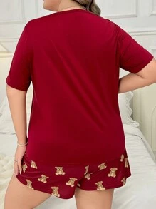 DUSKBASE Bộ đồ ngủ ngắn tay và quần đùi in chữ Plus Size & Gấu hoạt hình cho mùa hè - Màu Đỏ Sâu - Xem 2