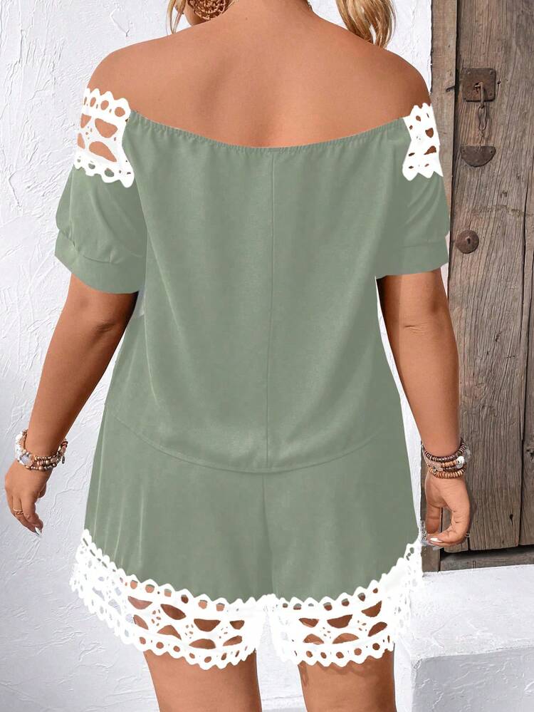 Plus Size Vacation Casual Color Block Lace Splicing Off Shoulder Shirt And Shorts Set